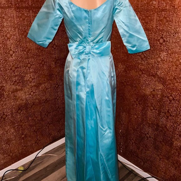 2 PIECES Vintage 1950s 2PC Turquoise Satin Wiggle Dress w/ Matching Swing Coat